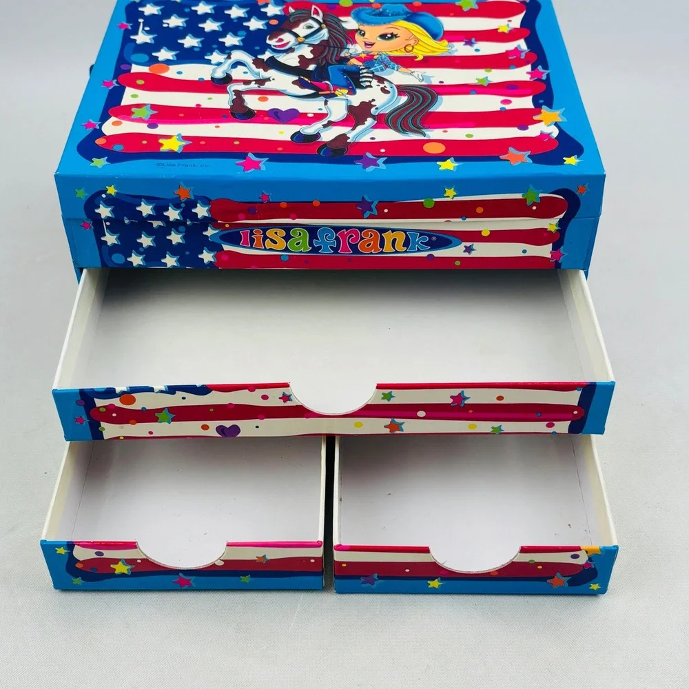 Lisa Frank USA Cowgirl Stationery Jewelry Box Patriotic Flag 3 Drawer Storage